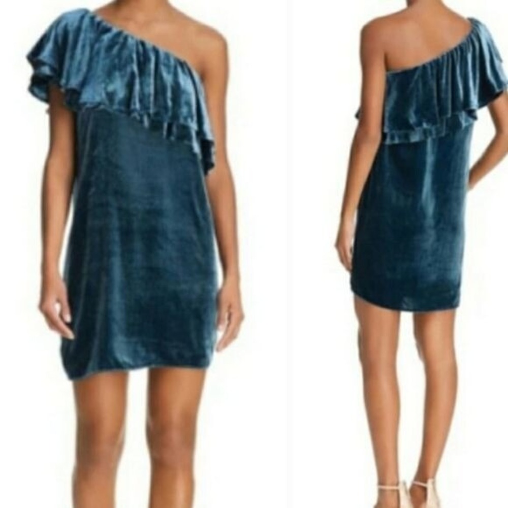 WAYF Womens Luxe Party Velvet Dress S Teal One Shoulder Ruffle Mini Dress NEW
